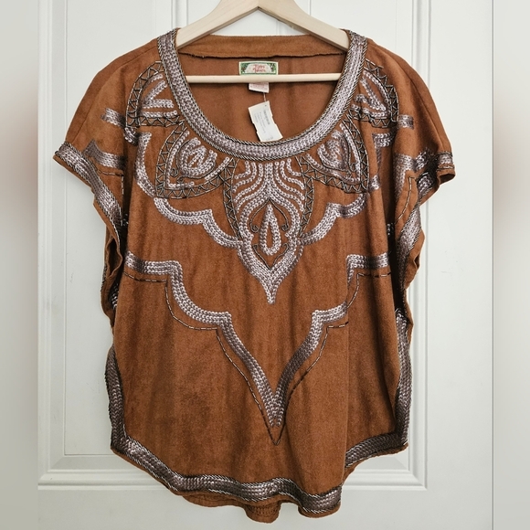 Flying Tomato sequins beads Embroidered  Suede Tan Brown western Blouse size L - Picture 1 of 10